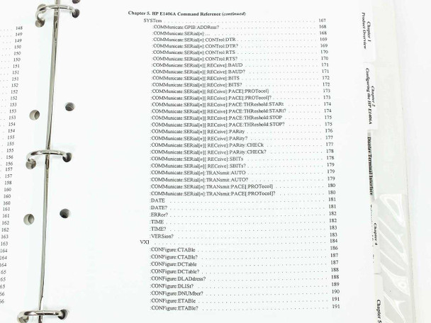 HP E1406A manual Chapter 5 SCPI command reference continued showing COMMunicate:SERial, DATE, ERRor, TIME, VERSion, VXI and CONFigure commands