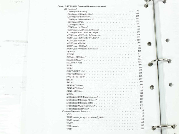 HP E1406A manual Chapter 5 SCPI command reference continued showing VXI CONFigure and QUERy commands plus common command reference