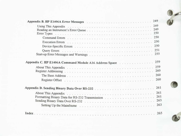 HP E1406A manual appendices B, C, and D showing error messages, A16 address space, RS-232 binary data, and index