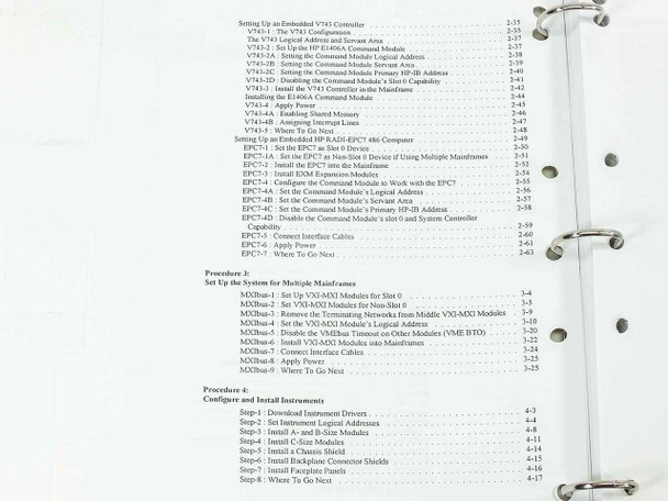 E1406-90028 Configuration Guide table of contents – procedures 3 and 4 covering multiple mainframes and instrument installation