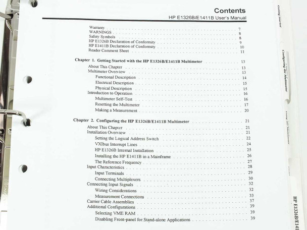 HP E1326B E1411B User's Manual — table of contents page showing chapters on getting started, configuration, and operation