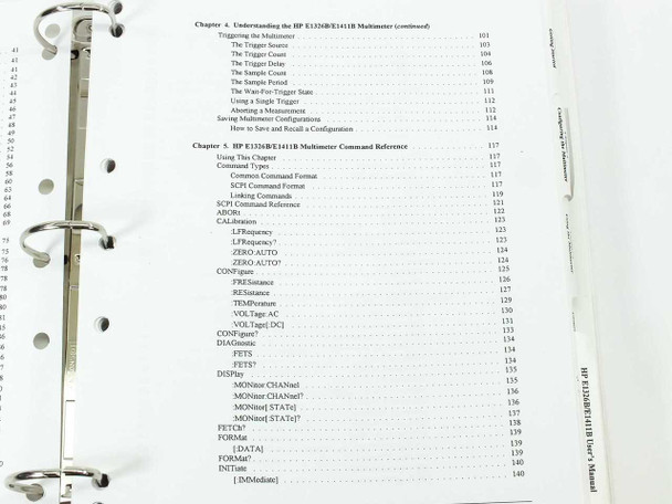 HP E1326B E1411B manual — table of contents page showing Chapter 4 trigger and configuration topics and Chapter 5 SCPI command reference beginning