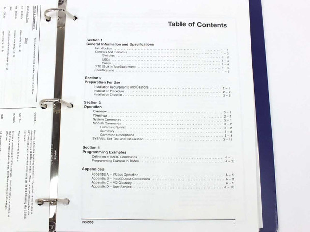 Tektronix VX4355 User Manual table of contents showing four sections and appendices