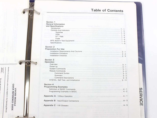 Tektronix VX4365 manual Table of Contents page showing sections on operation, programming, installation, and VXI appendices