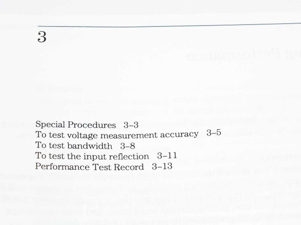 HP 54751A Service Guide – Chapter 3 table of contents listing special procedures, voltage accuracy tests, bandwidth tests, and performance test record