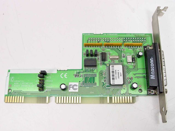 Adaptec AVA-1502AE 16-bit ISA SCSI controller card — front component side showing green PCB, main controller chip, crystal oscillator, and Maxconn-labeled 25-pin DB25 bracket port