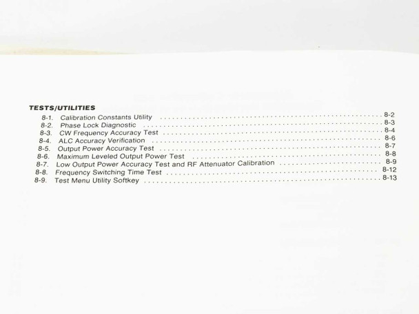 HP 8340B 8341B Calibration Manual Vol 2 Tests/Utilities section — chapter 8 listing calibration constants, frequency accuracy, ALC, power accuracy, and RF attenuator calibration procedures