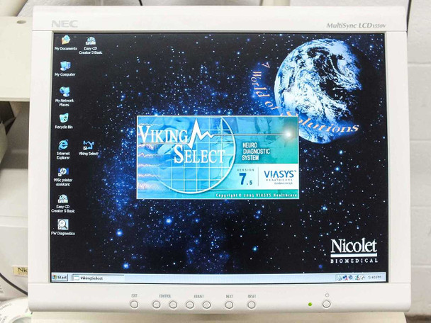 NEC MultiSync LCD1550V monitor displaying Viking Select Neuro Diagnostic System v7.5 splash screen by Viasys Healthcare