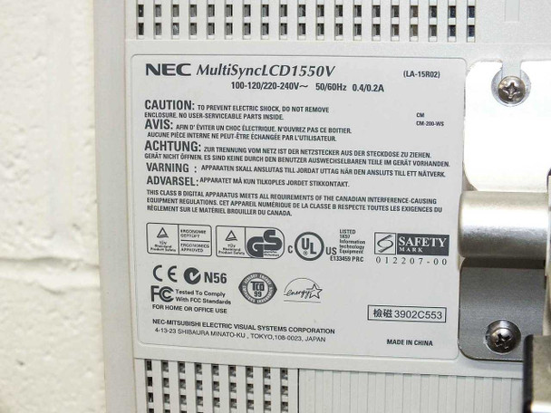 NEC MultiSync LCD1550V monitor rear label — 100-120/220-240V AC, 50/60Hz, 0.4/0.2A, Made in China, NEC-Mitsubishi Electric Visual Systems