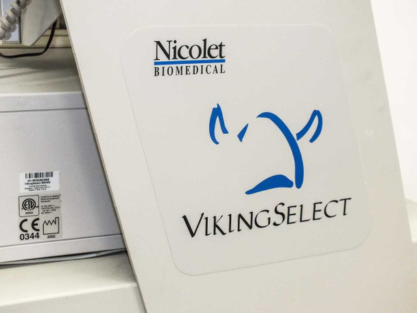 Nicolet Biomedical VikingSelect logo panel closeup — blue Viking helmet logo with Nicolet Biomedical branding