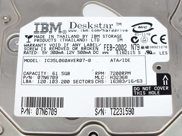 IBM Deskstar 07N6709 label close-up showing model IC35L060AVER07, 61.5GB capacity, 7200RPM, ATA/IDE, Feb 2002 manufacture date