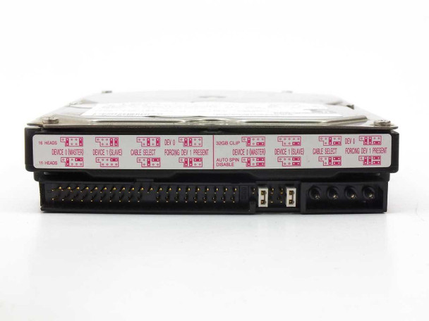 IBM Deskstar 07N6709 – rear edge view showing 40-pin IDE connector, 4-pin Molex power connector, and jumper configuration diagram