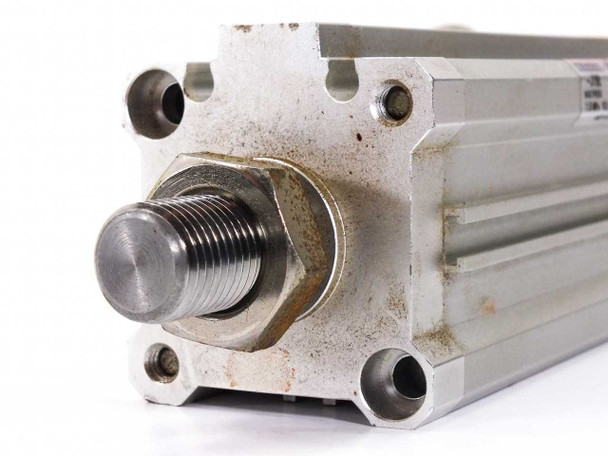 SMC CDQ2KB32-70DM-J79L compact cylinder — close-up of threaded non-rotating rod end showing wear and surface oxidation on rod tip