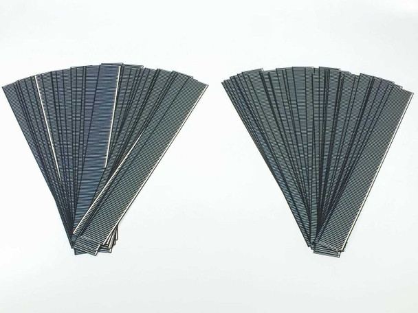 Solopower CIGS thin-film solar cells fanned out in two groups on white background — front face showing dark blue-gray photovoltaic coating and fine vertical cell lines