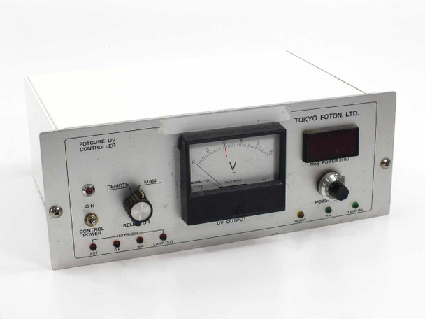 Tokyo Foton Fotcure UV Controller — front panel view showing analog UV Output voltmeter, Remote/Man selector, Control Power switch, interlock indicators EXT RF AIR LAMP OUT, digital Mag. Power (kW) display, Power Set knob, Ready/HV/Lamp On indicators