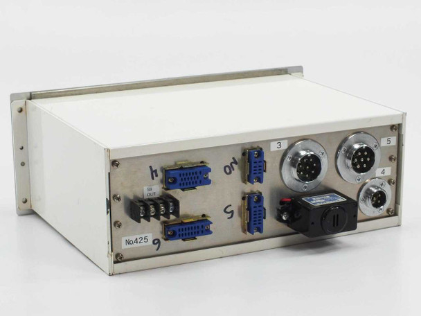 Tokyo Foton Fotcure UV Controller — rear panel view showing four blue ribbon/DB-style connectors labeled SB OUT, ON, S, numbered positions 3 4 5, two large circular multi-pin connectors, and power switch
