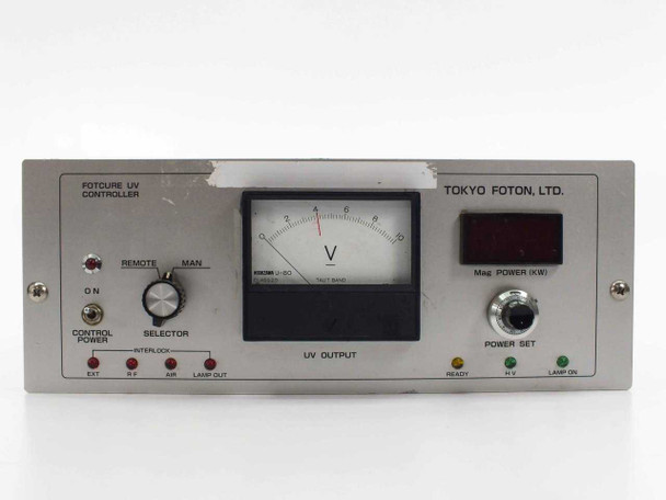 Tokyo Foton Fotcure UV Controller — front panel close-up showing analog voltmeter scale, UV Output label, digital power display, and indicator lights