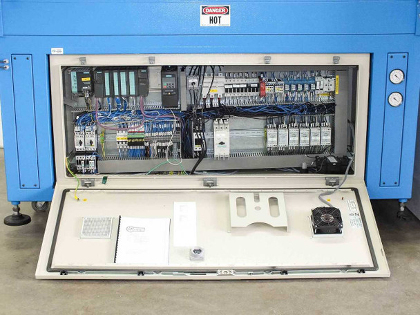P Energy L150A laminator full electrical control cabinet interior – Siemens S7-300 PLC rack, Micromaster 420 VFD, circuit breakers, contactors, solid-state relays, and terminal wiring; documentation pouch on door