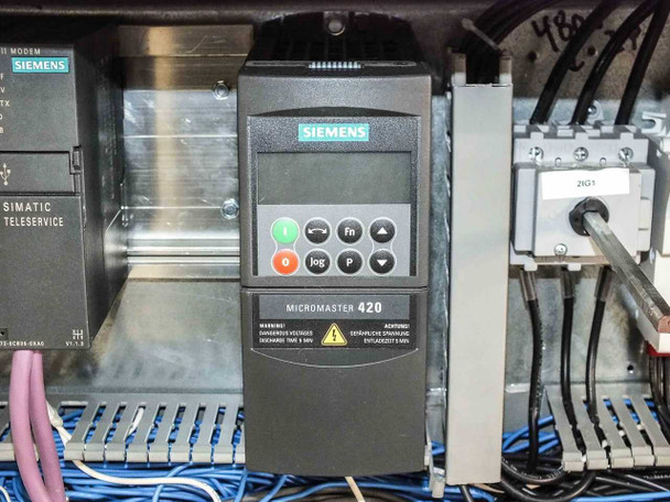 Siemens Micromaster 420 variable frequency drive closeup mounted in P Energy L150A laminator cabinet – keypad with I/O/jog/Fn/parameter buttons