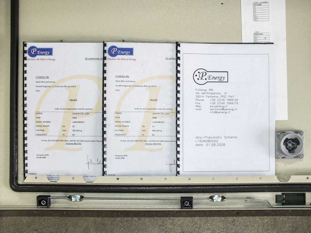 P Energy L150A laminator documentation packet inside panel door – two P Energy test/certification documents and a Varo-Pneumatic Scheme drawing dated 01.08.2008