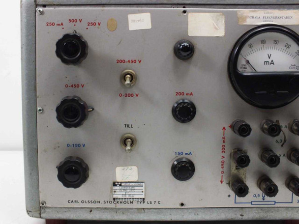 Carl Olsson OLTRO LS7C — full front panel view showing all voltage range selector switches (0-190V, 0-200V, 0-450V, 200-450V) and current range labels (150mA, 200mA, 250mA)