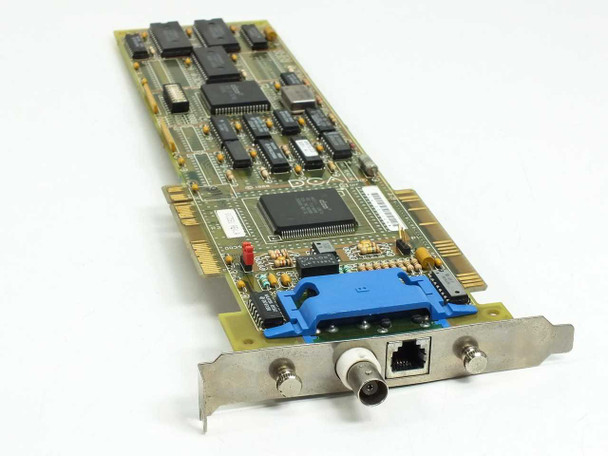 DCA IRMA III 003581 ISA network card – angled three-quarter view showing front bracket with BNC, RJ45, and BNC connectors