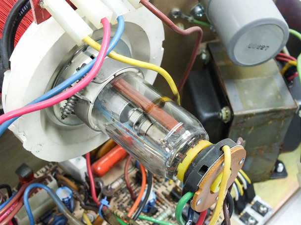 Close-up of CRT neck and electron gun assembly on Nicolet 068-7528 — vacuum tube envelope, deflection coil, and surrounding wiring visible