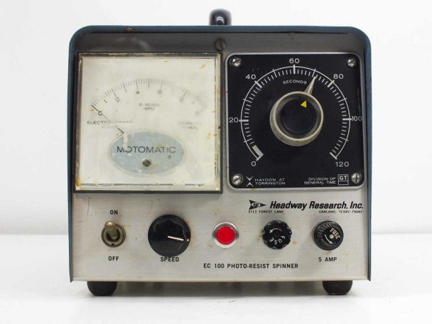 Headway Research EC100A EC101 spinner controller full front panel view showing Motomatic meter, 0-120 second timer, speed control, and HRI logo