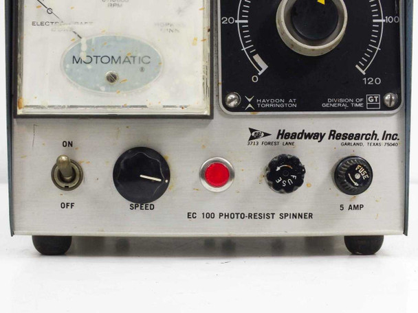 Headway Research EC100A lower front panel showing ON/OFF toggle switch, speed knob, red indicator light, fuse holder, and EC 100 Photo-Resist Spinner label