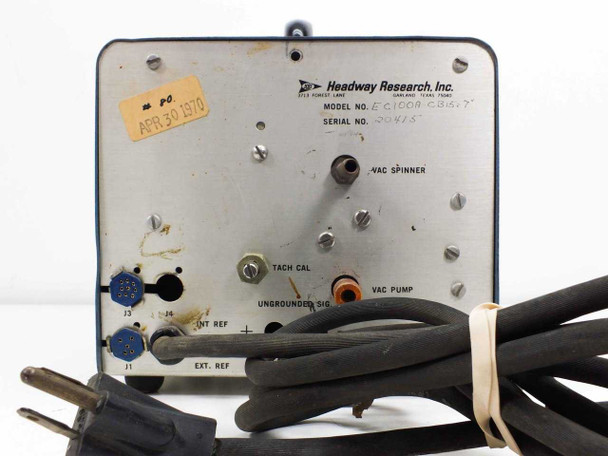 Headway Research EC100A rear panel with date stamp APR 30 1970 label, model and serial number plate, and bundled power cable