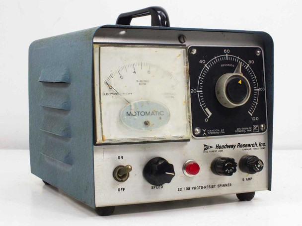 Headway Research EC100A EC101 Photo-Resist Spinner Controller front panel view showing Motomatic tachometer meter, timer dial, speed knob, and ON/OFF toggle