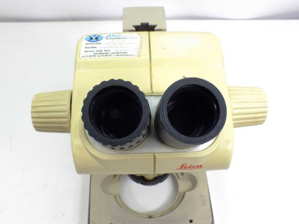 Top-down view of Leica GZ6 binocular eyepiece tubes showing 30mm tube openings, knurled eyepiece rings, and a service label on the head body