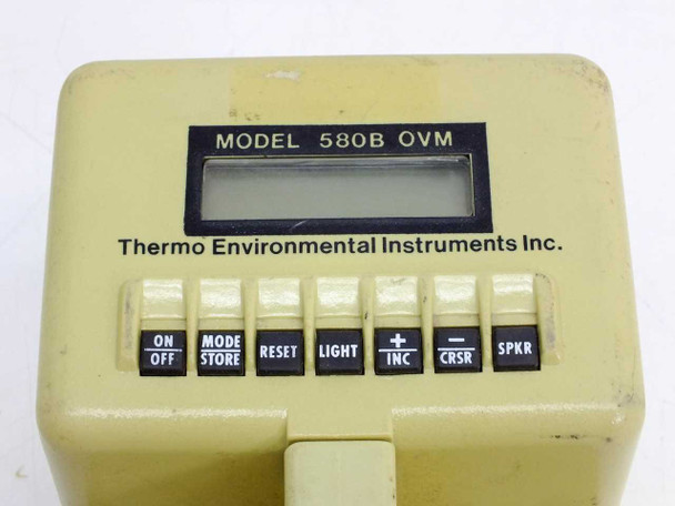 Top/front panel of Thermo Environmental 580B OVM showing LCD display and seven function buttons: ON/OFF, MODE/STORE, RESET, LIGHT, +/INC, -/CRSR, SPKR