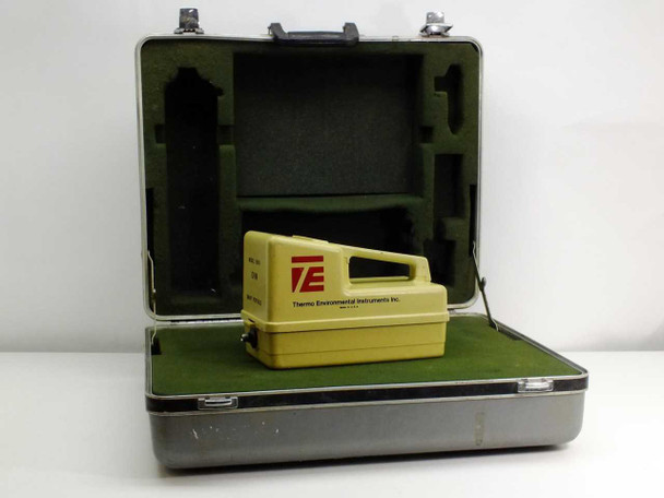Thermo Environmental 580B OVM Organic Vapor Meter in open foam-lined hard carry case, front view showing yellow instrument body with TE logo