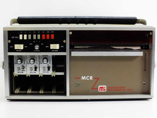 Midwestern Instruments MCR308BTD0X front panel and paper chart drive section — CM/SEC speed indicator lights, power/timing/record controls, three VA/111M galvo modules visible