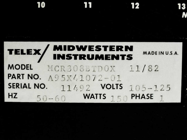 Telex / Midwestern Instruments rating plate — Model MCR308BTD0X, Part No. A95X41072-01, Serial No. 11492, Volts 105-125, Hz 50-60, Watts 150, Phase 1, Made in USA, dated 11/82