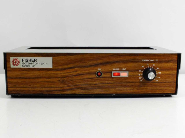 Fisher Isotemp 145 Dry Bath front panel straight-on view with ON button, illuminated Power and Heat indicator lamps, and temperature control dial