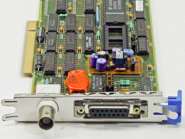 Western Digital WD8003ET/A bracket end showing BNC coax connector and DB15 AUI port with blue MCA retaining tab