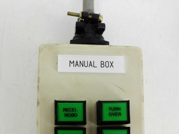 Manual Box label close-up showing Recei. Robo and Turn Over green pushbuttons with cable strain relief