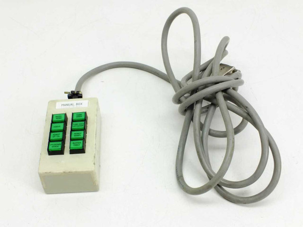 Manual control box 8-key robot pendant front view with green pushbuttons and integrated gray DB15 cable