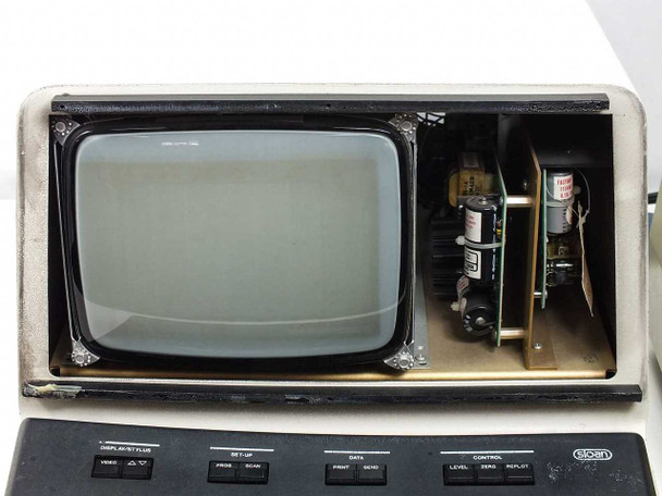 Sloan Dektak IIA module interface unit — close-up of CRT monitor (blank/dark) and exposed internal electronics visible through open front panel area