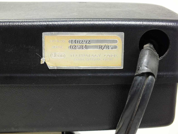 Sloan Dektak IIA scan head — label plate showing Catalog No. 140292, Serial No. 02584, dated 8/85, Sloan Technology Corporation; cable entry visible