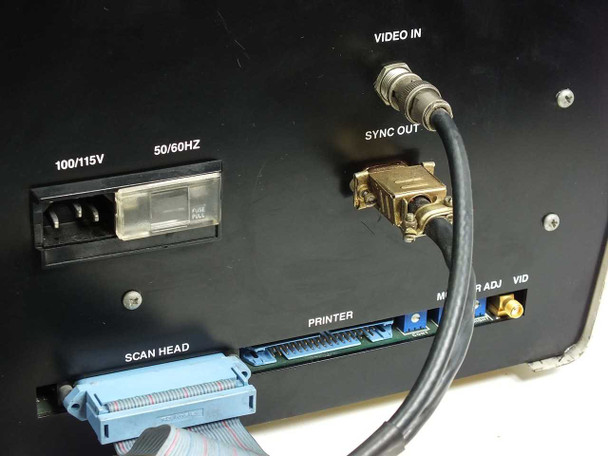 Sloan Dektak IIA module interface unit — rear panel showing 100/115V 50/60Hz AC inlet with fuse holder, VIDEO IN (BNC), SYNC OUT connector, SCAN HEAD ribbon connector, and PRINTER ribbon connector
