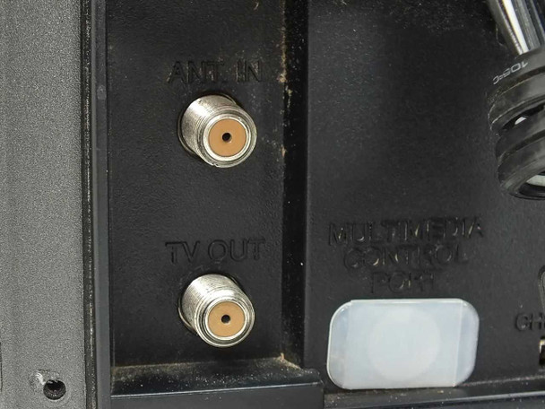 Go Video GV-6060 rear connector close-up — ANT IN and TV OUT F-type coaxial connectors plus Multimedia Control Port label