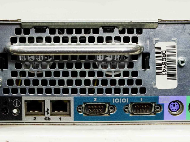 Dell PowerEdge 2650 – rear panel lower section showing dual Gigabit Ethernet ports labeled 1 and 2, two DB-9 serial ports, and PS/2 connector