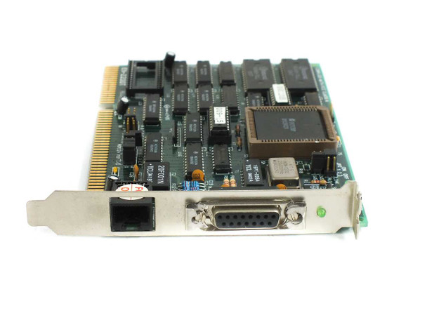 Winbond EN-2200T ISA NIC — angled bracket view showing AUI DB15 port, RJ45 port, and green LED indicator