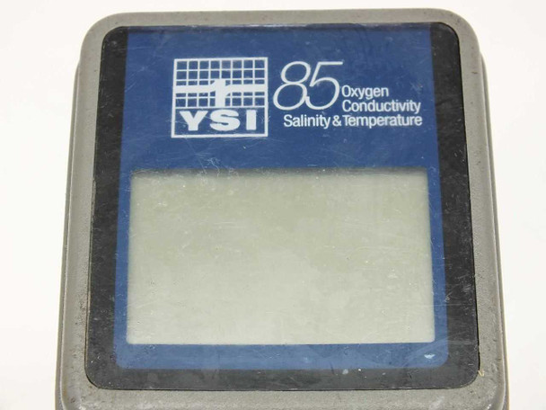Close-up of YSI 85 faceplate showing Oxygen Conductivity Salinity and Temperature branding and LCD screen