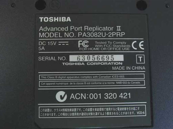 Toshiba PA3082U-2PRP bottom label showing model number, DC 15V 5A power rating, serial number, and Made in China marking