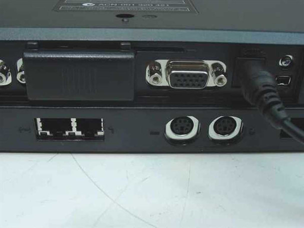 Toshiba Advanced Port Replicator II rear panel close-up showing DB-9 serial port, RJ-45 LAN port, and PS/2 ports
