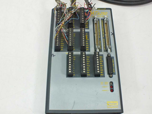 Parker Compumotor AT6250 top panel close-up showing DIN terminal blocks, programmable I/O headers, and wiring